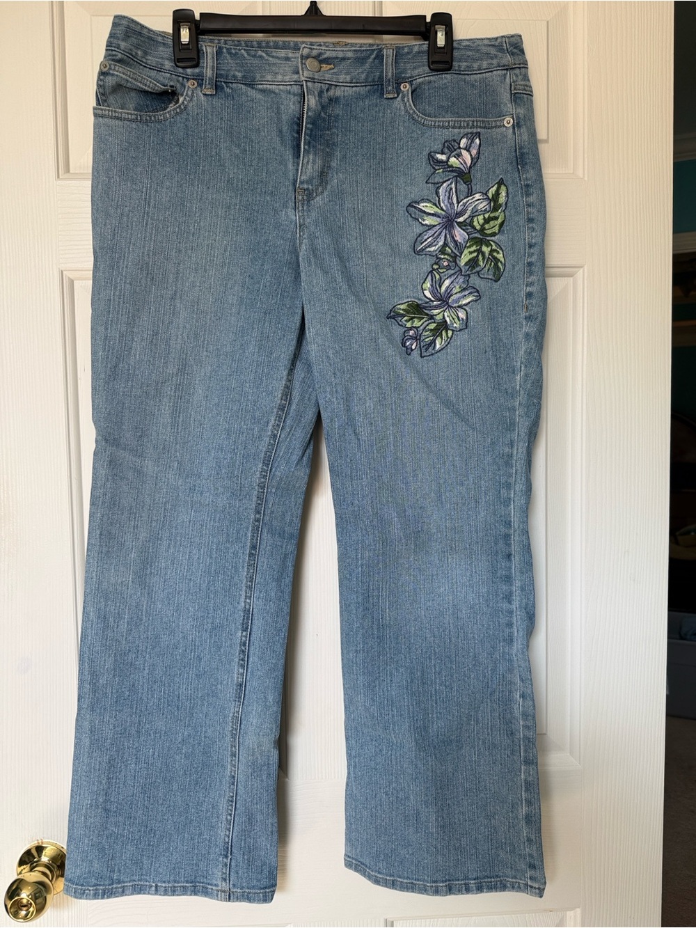 Loft Light Blue Straight Leg Jeans with Floral Embroidery